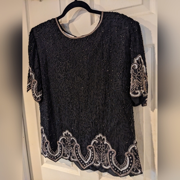 Vtg Designr ShoMax Kazar 3 Black Formal Silk Tops Lg 12 Xlg 14 Beads/Sequins WOW - Picture 4 of 15